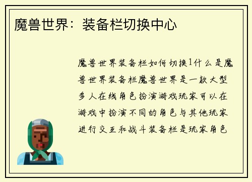 魔兽世界：装备栏切换中心